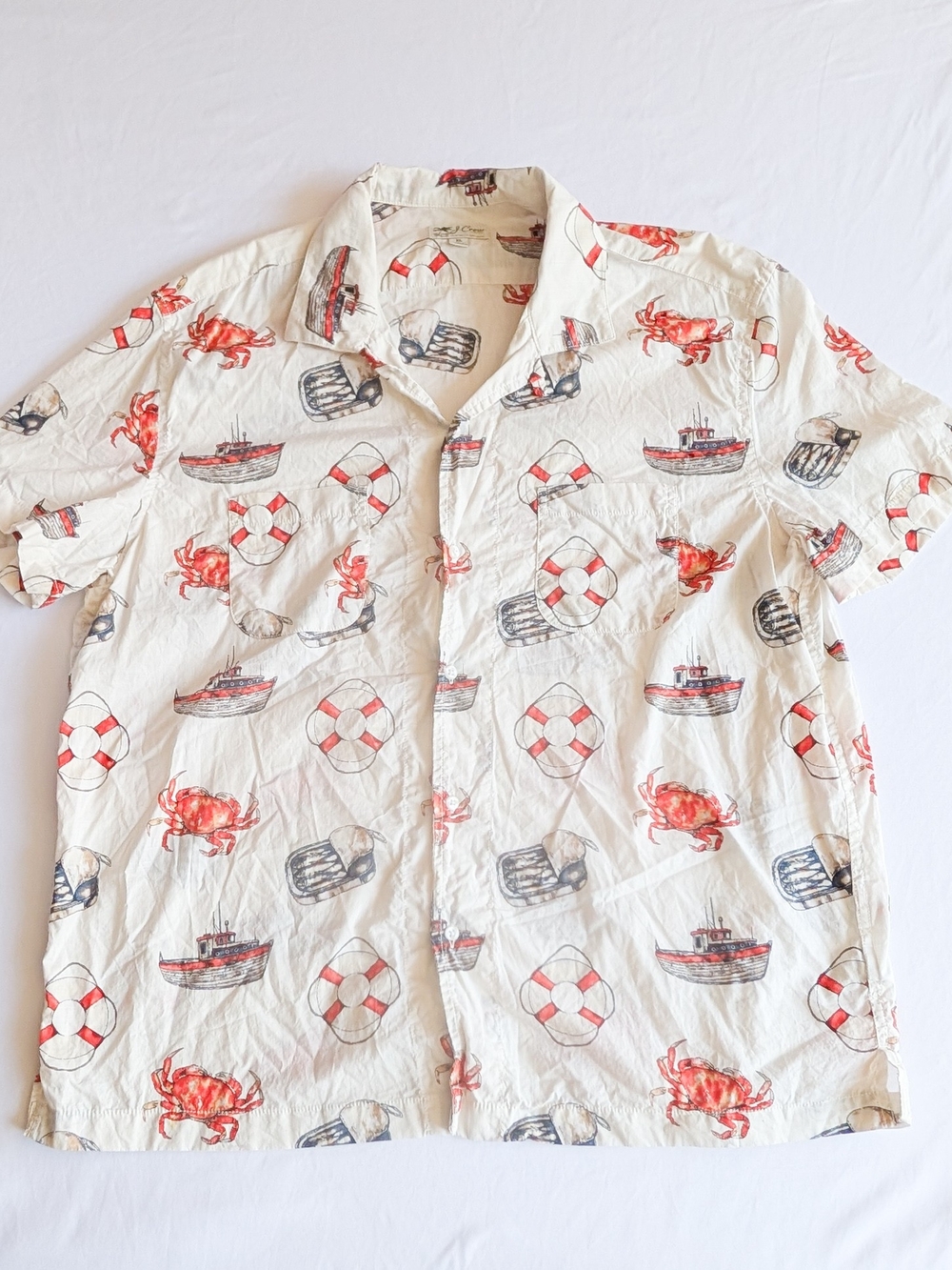 J Crew Shirt Mens XL White Nautical Crab Boat Print Fun Loop Collar Camp Top
